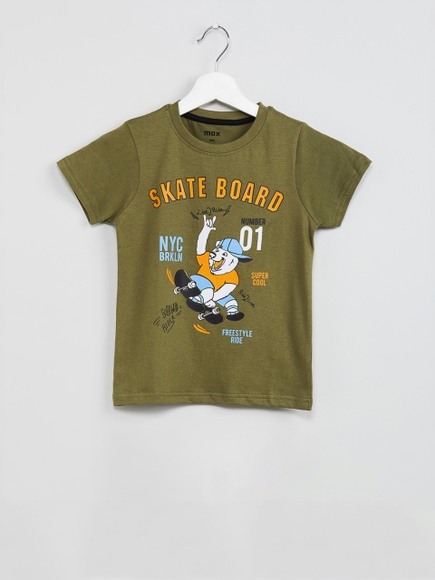 

max Boys Olive Green Printed Round Neck T-shirt