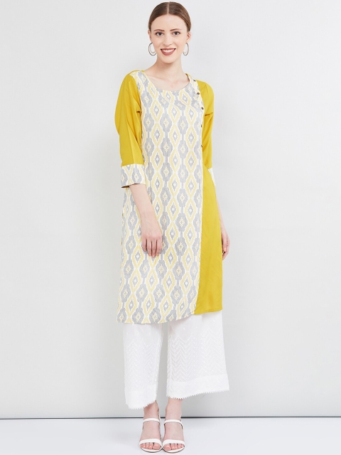 

max Women Mustard Yellow & White Printed Straight Kurta