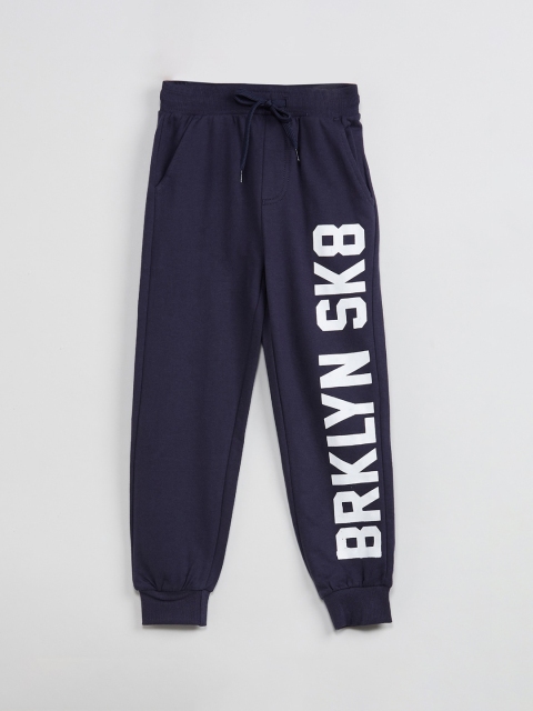 max Boys Navy Blue & White Typography Printed Slim-Fit Joggers