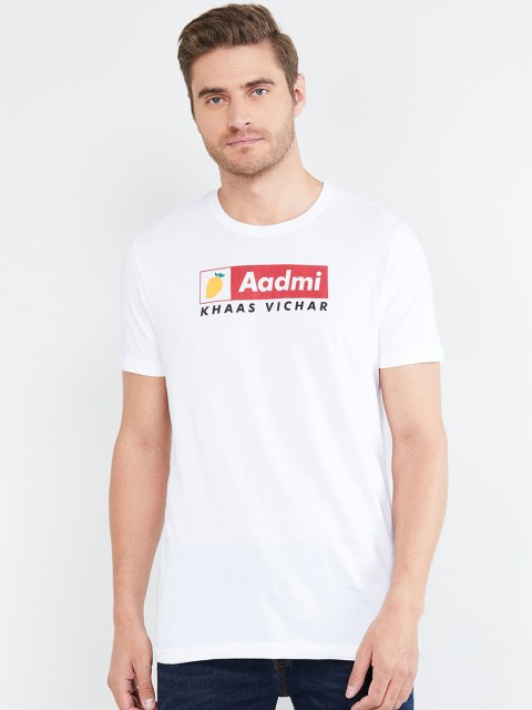 

max Men White Printed Round Neck T-shirt