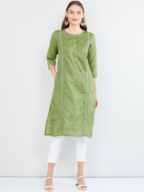 

max Women Green Solid Straight Kurta