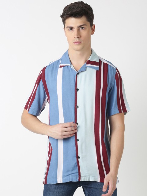 

Blue Saint Men Blue & Maroon Slim Fit Striped Casual Shirt