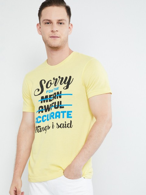 

max Men Yellow Printed Round Neck T-shirt