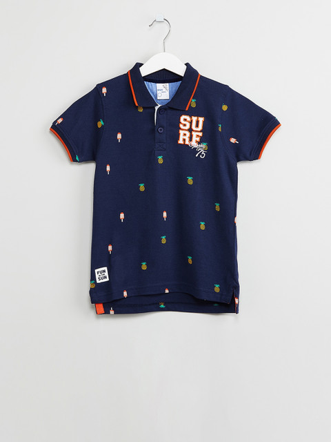 

max Boys Navy Blue Printed Polo Collar T-shirt