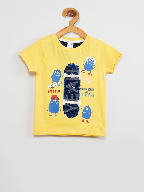

max Boys Yellow Printed Flip Sequinned Round Neck T-shirt