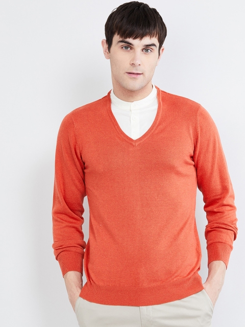 max Men Orange Solid Pullover Sweater