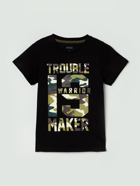 

max Boys Black Printed Round Neck T-shirt