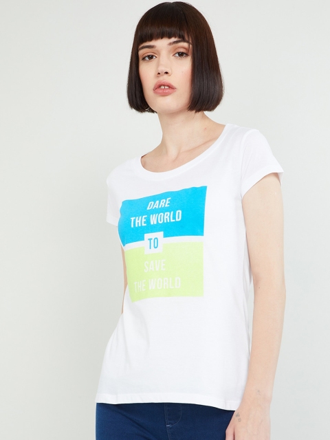 

max Women White Printed Round Neck T-shirt