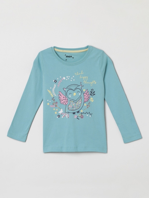 

max Girls Blue Printed Round Neck T-shirt