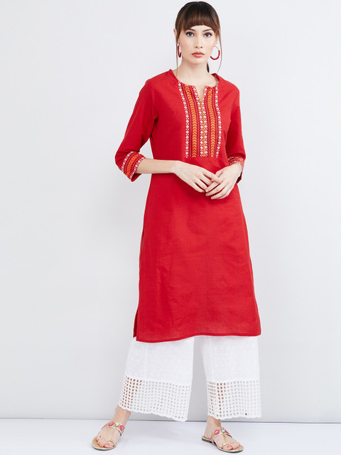 

max Women Red & Yellow Yoke Design Straight Kurta