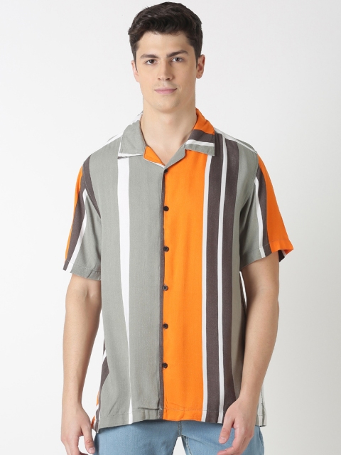 

Blue Saint Men Orange & Grey Slim Fit Striped Casual Shirt