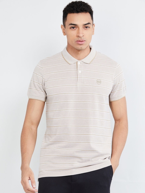 

max Men Grey & Beige Striped Polo Collar T-shirt