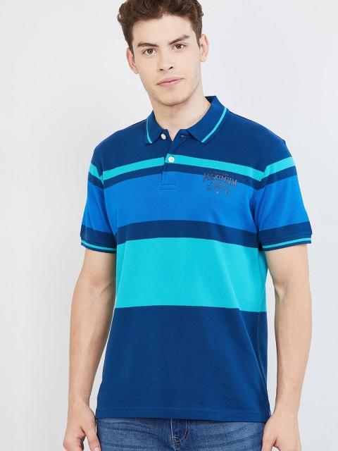 

max Men Blue Striped Polo Collar T-shirt