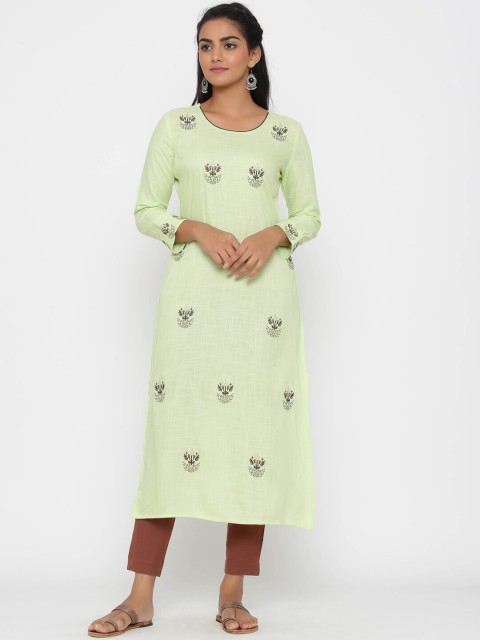 

WomenMagic Women Green & Brown Embroidered Straight Kurta