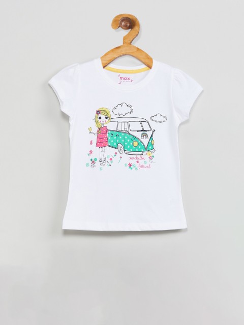 

max Girls White & Green Printed Round Neck T-shirt