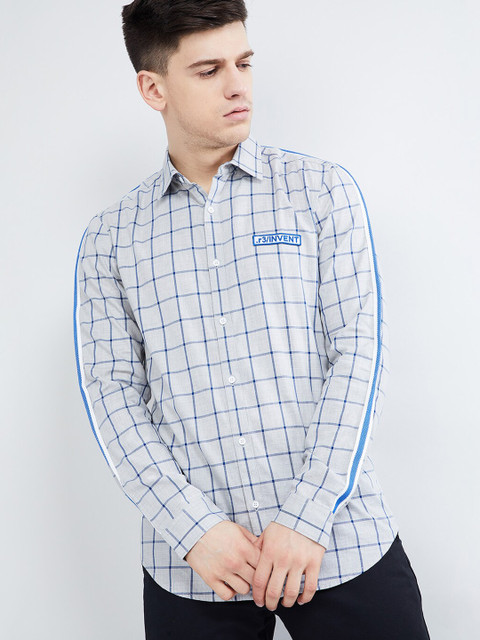 

max Men Grey & Blue Slim Fit Checked Casual Shirt