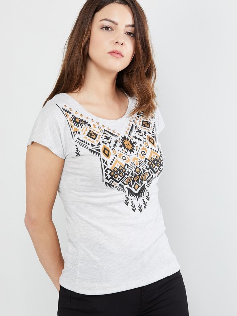 

max Women Grey Printed Round Neck T-shirt