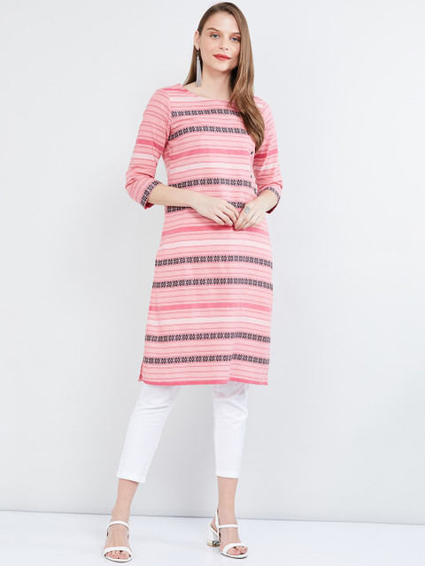 

max Women Pink & Black Striped Straight Kurta