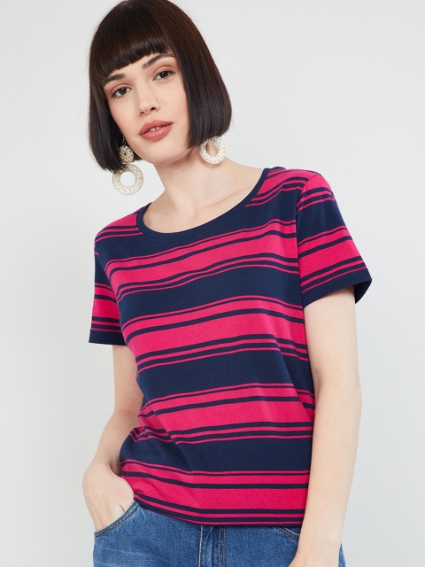 max Women Fuchsia Pink & Navy Blue Striped Round Neck T-shirt