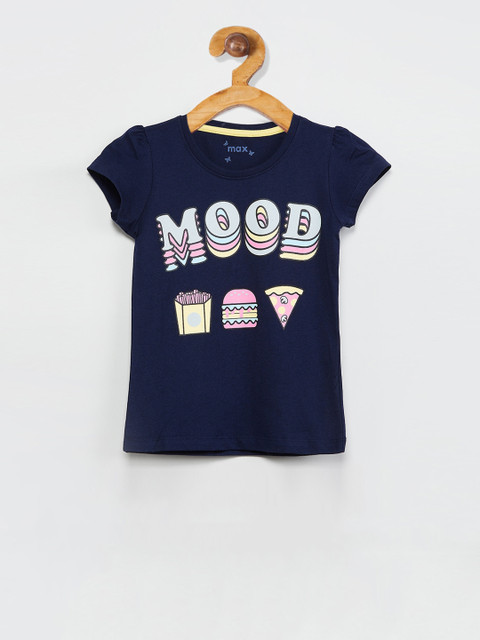 

max Girls Blue Printed Round Neck T-shirt