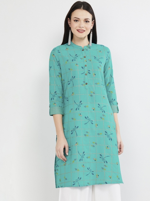 

max Women Blue & Green Printed Straight Kurta