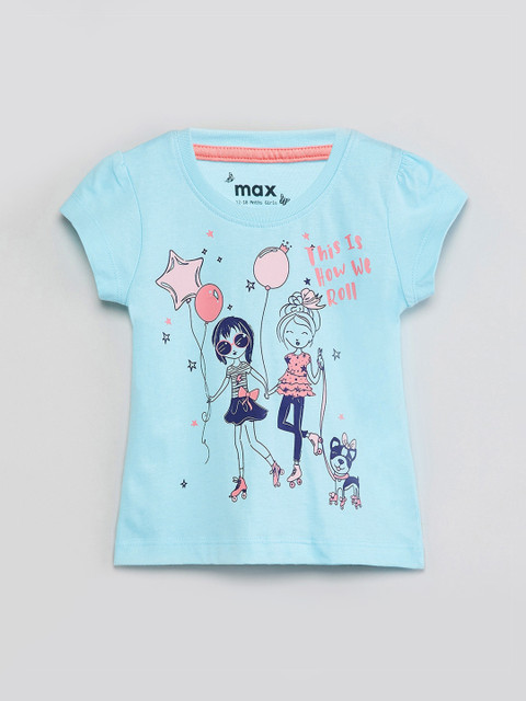

max Girls Blue Printed Round Neck T-shirt