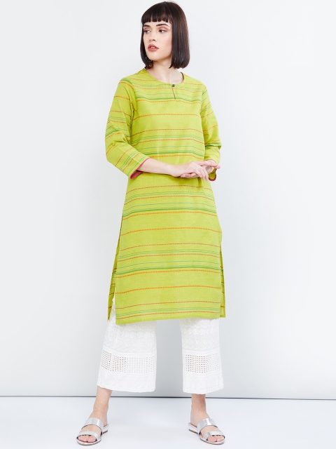 

max Women Lime Green Striped Straight Kurta