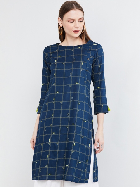 

max Women Navy Blue & Yellow Checked Straight Kurta