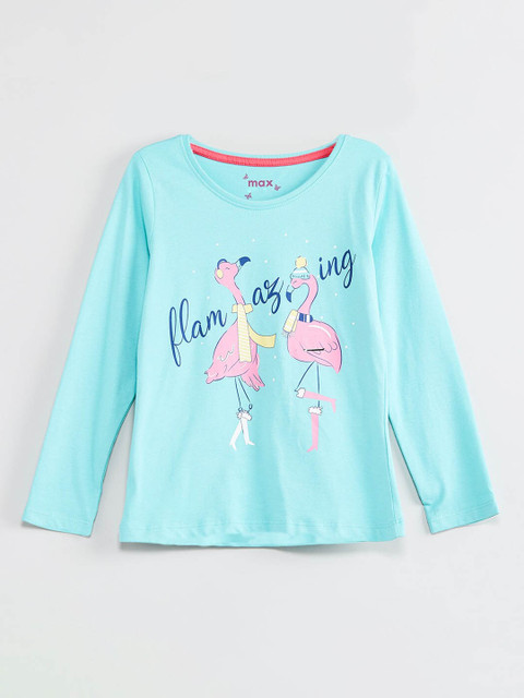 

max Girls Blue Printed Round Neck T-shirt