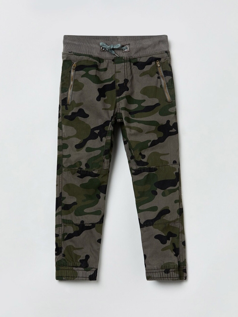 

max Boys Green & Grey Camouflage Printed Slim-Fit Joggers, Multi