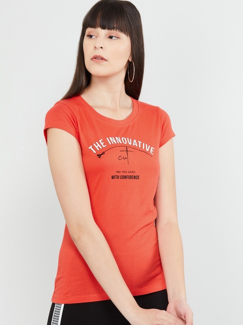 

max Women Rust Red Printed Round Neck T-shirt