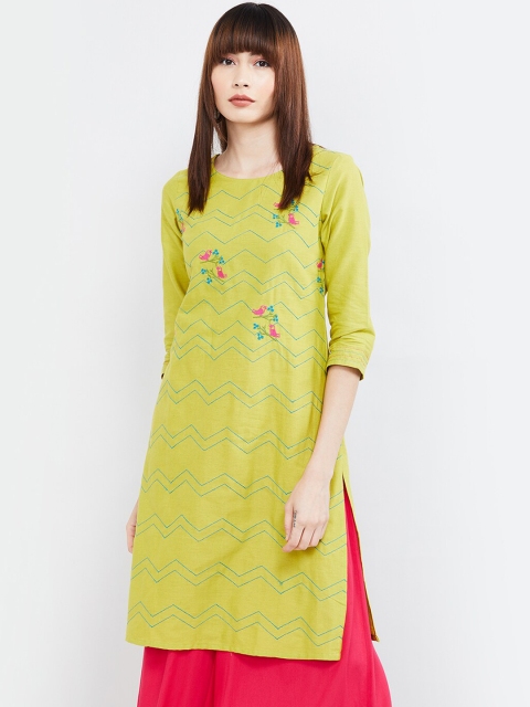 

max Women Lime Green Embroidered Straight Kurta