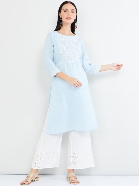 

max Women Turquoise Blue & White Floral Embroidered A-Line Kurta