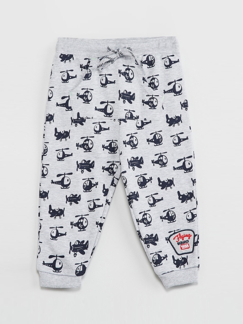 

max Boys Grey & Blue Graphic Printed Slim-Fit Joggers