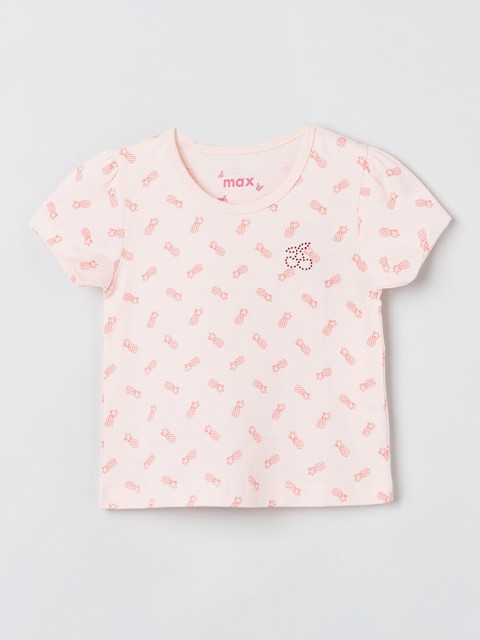 

max Infant Girls Peach Printed Round Neck T-shirt