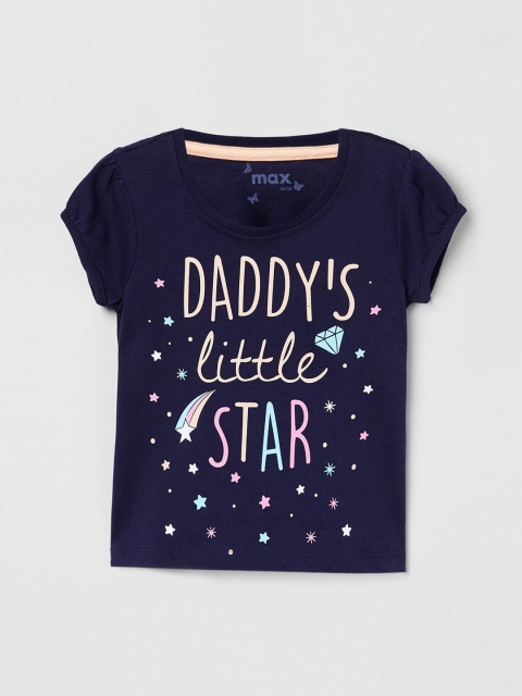 

max Girls Navy Blue Printed Round Neck T-shirt