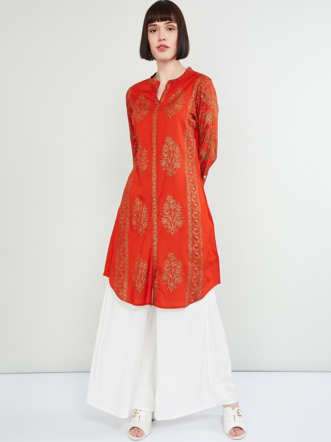 

max Women Rust Orange & Gold-Coloured Printed A-Line Kurta