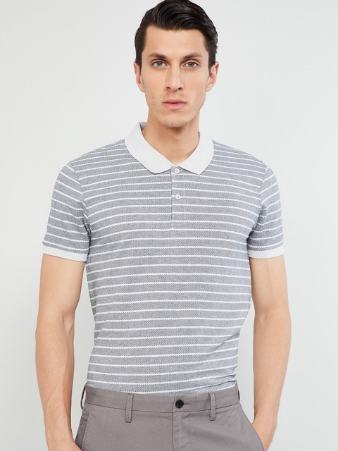 

max Men Navy Blue & White Striped Polo Collar T-shirt