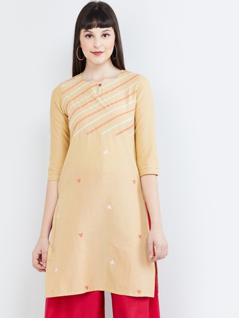 

max Women Beige & White Embroidered Straight Kurta