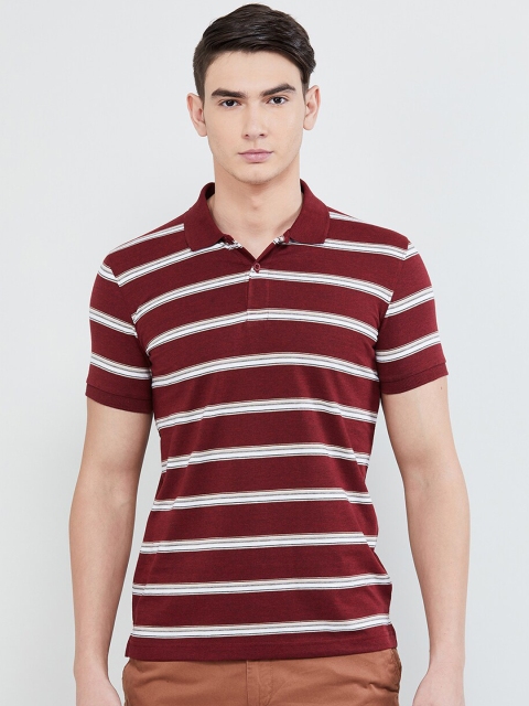 

max Men Maroon & White Slim Fit Striped Polo Collar T-shirt