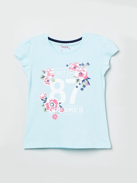 

max Girls Blue Printed Round Neck T-shirt