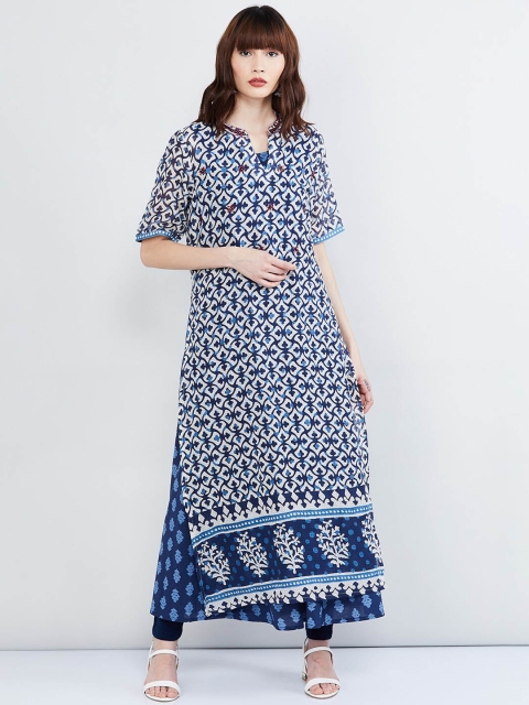 

max Women Indigo Blue & White Printed Layered Straight Kurta