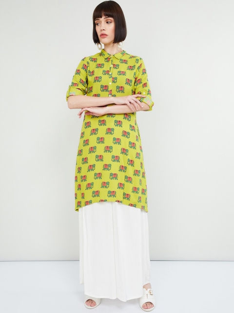 

max Women Lime Green & Pink Printed Straight Kurta