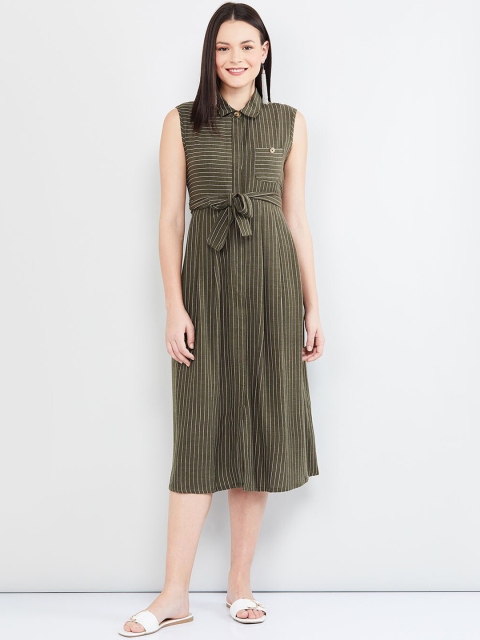 max Women Olive Green Striped Shirt Dress