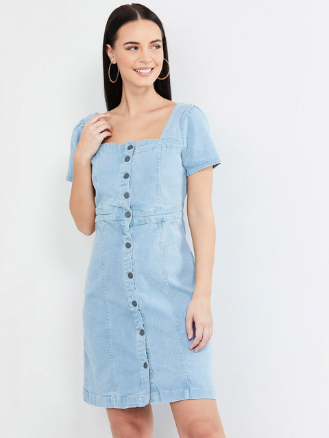 

max Women Blue Solid Denim Sheath Dress