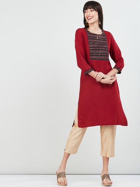 

max Women Maroon & Black Yoke Design Straight Kurta