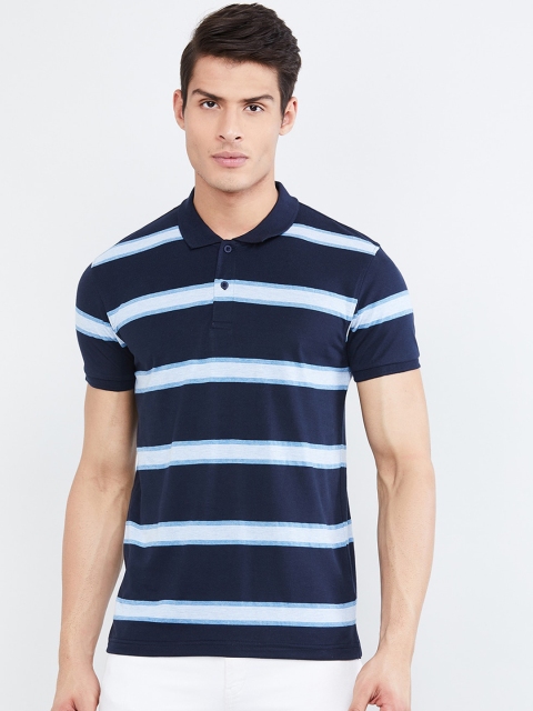 

max Men Blue Striped Polo Collar T-shirt