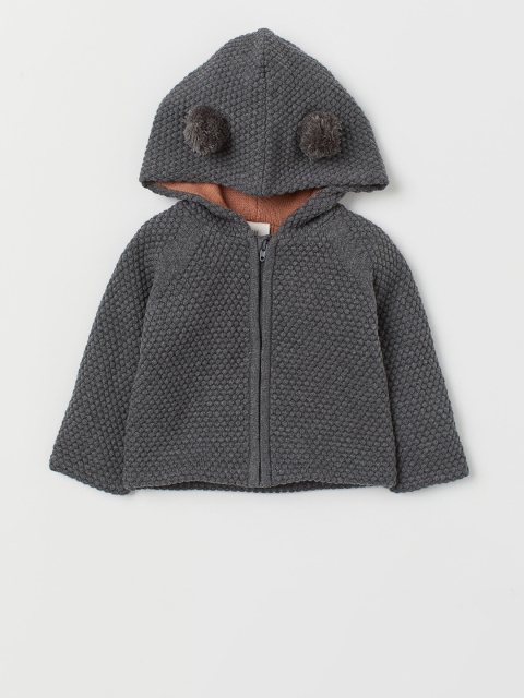 H&M Kids Grey Solid Hooded Cotton Cardigan