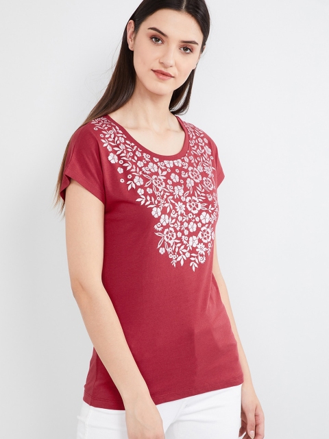 max Women Maroon Printed Round Neck T-shirt
