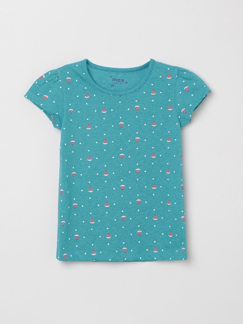 

max Girls Teal Green Printed Round Neck T-shirt